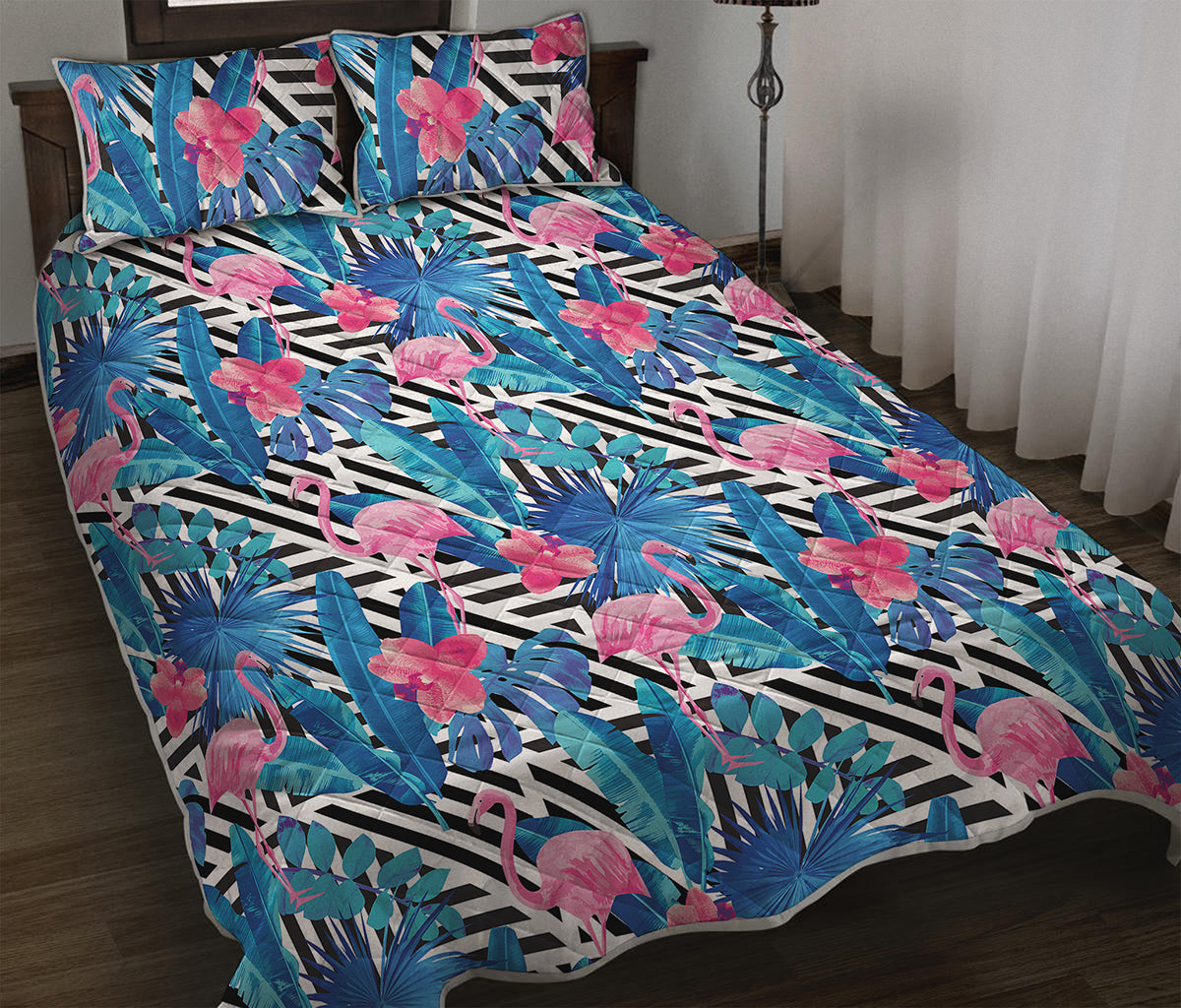 Blue Tropical And Pink Flamingo Print Quilt Bed Set