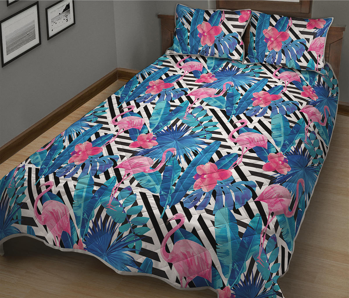 Blue Tropical And Pink Flamingo Print Quilt Bed Set
