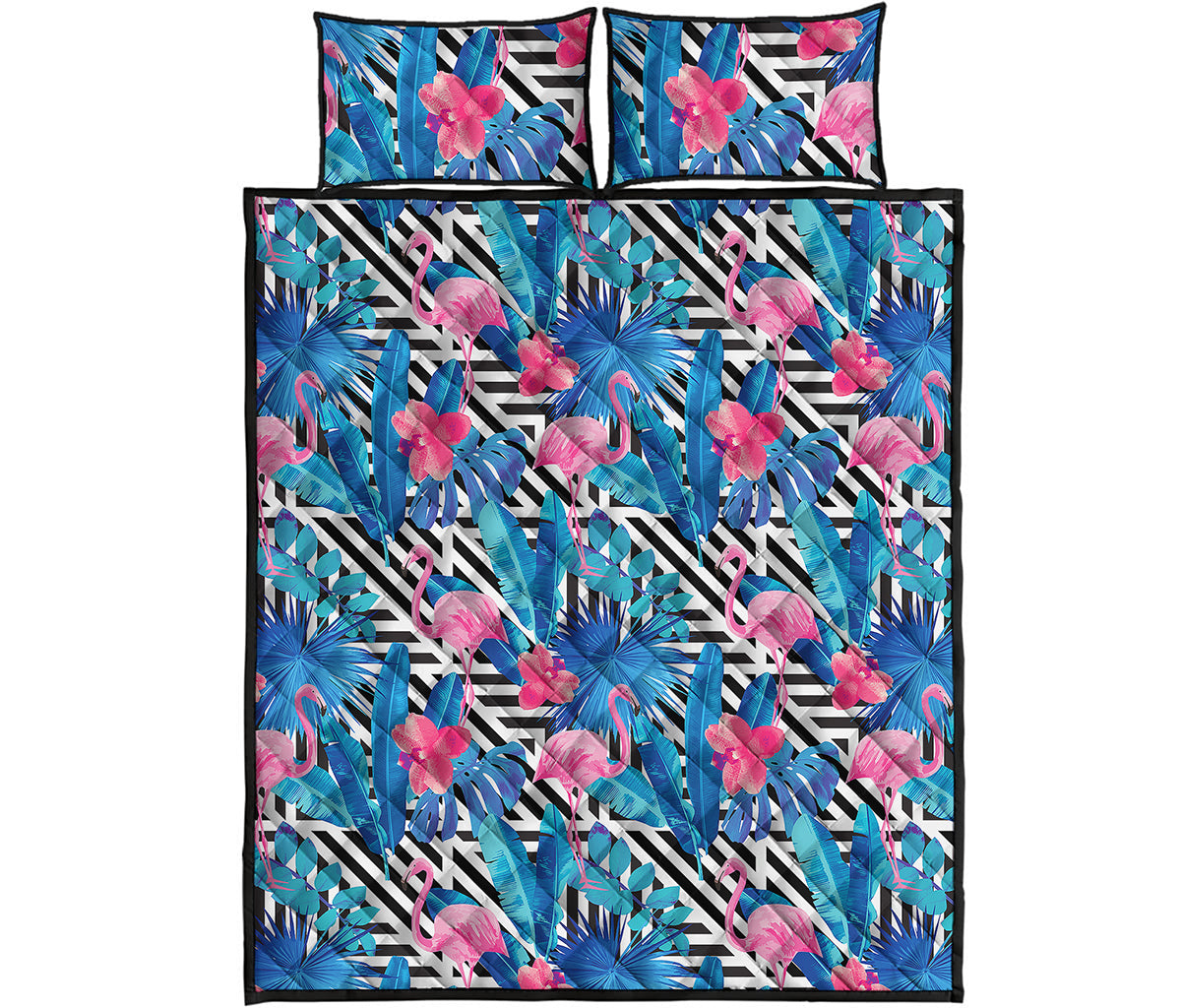 Blue Tropical And Pink Flamingo Print Quilt Bed Set