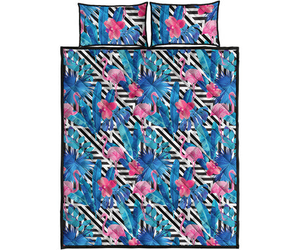 Blue Tropical And Pink Flamingo Print Quilt Bed Set
