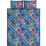 Blue Tropical And Pink Flamingo Print Quilt Bed Set