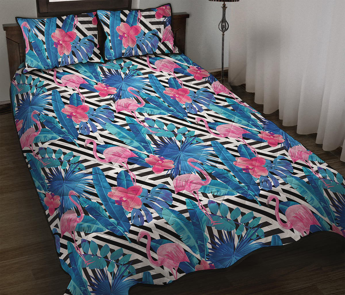 Blue Tropical And Pink Flamingo Print Quilt Bed Set