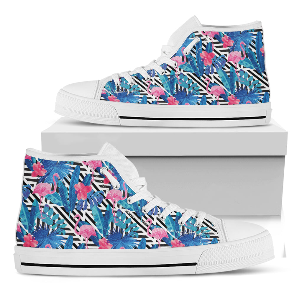 Blue Tropical And Pink Flamingo Print White High Top Shoes