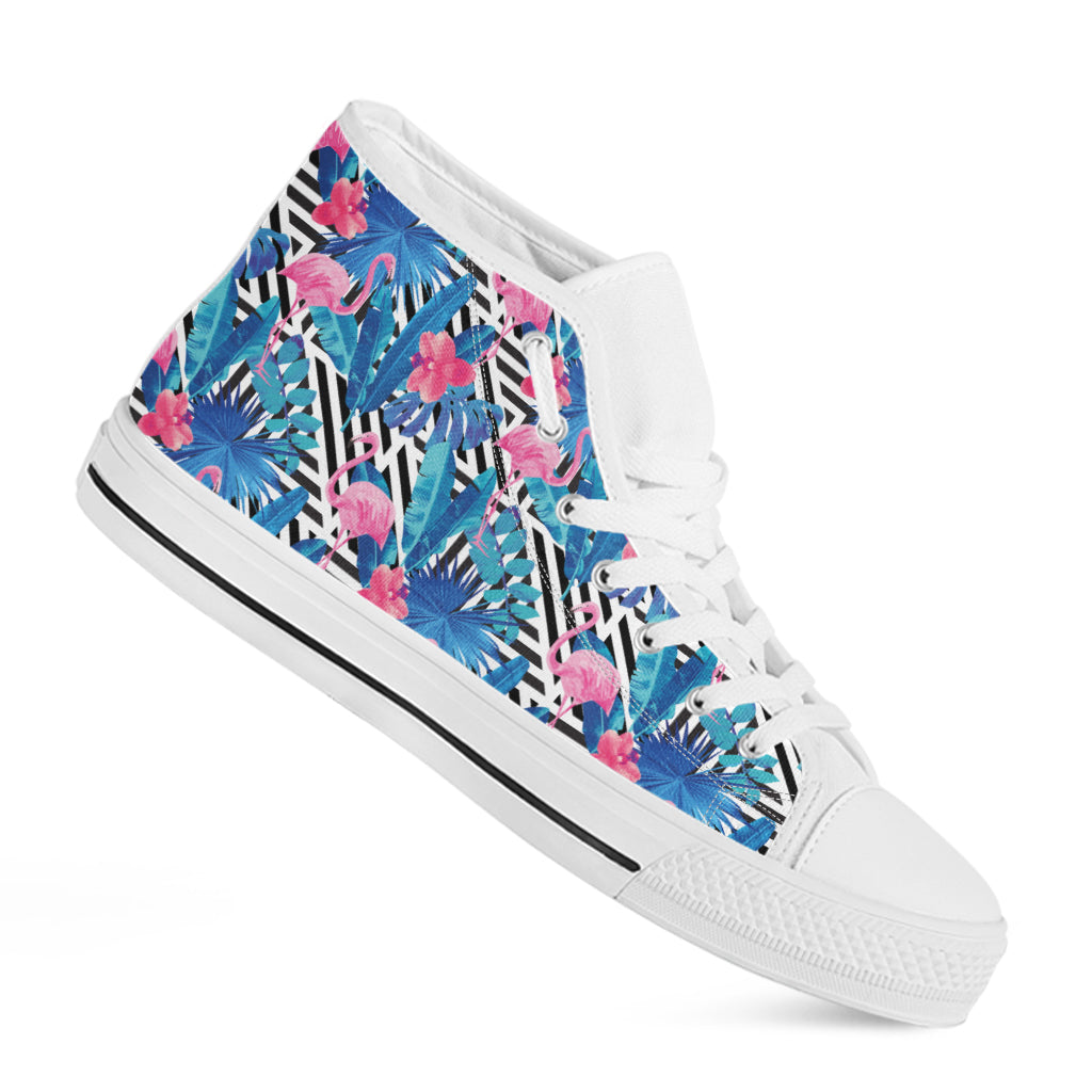 Blue Tropical And Pink Flamingo Print White High Top Shoes