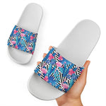 Blue Tropical And Pink Flamingo Print White Slide Sandals
