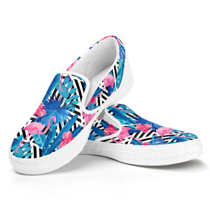 Blue Tropical And Pink Flamingo Print White Slip On Shoes