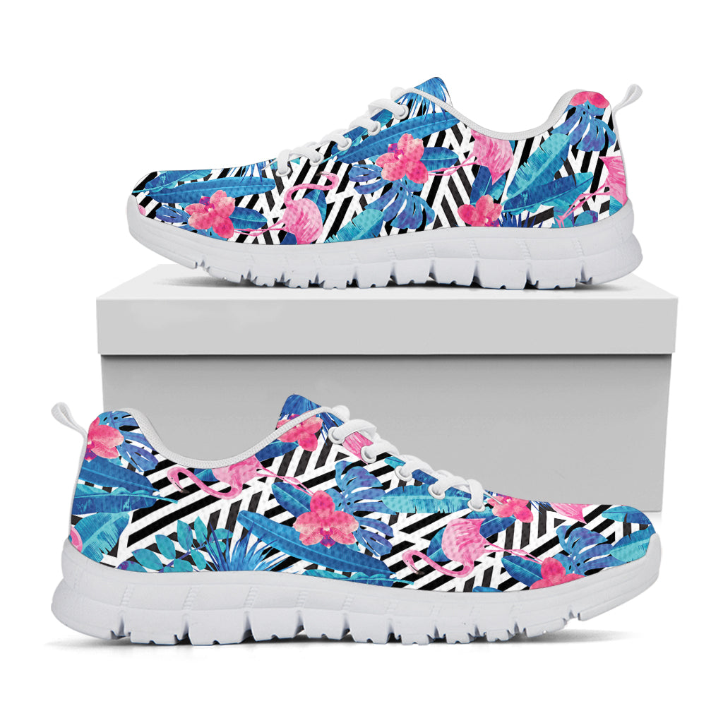 Blue Tropical And Pink Flamingo Print White Sneakers