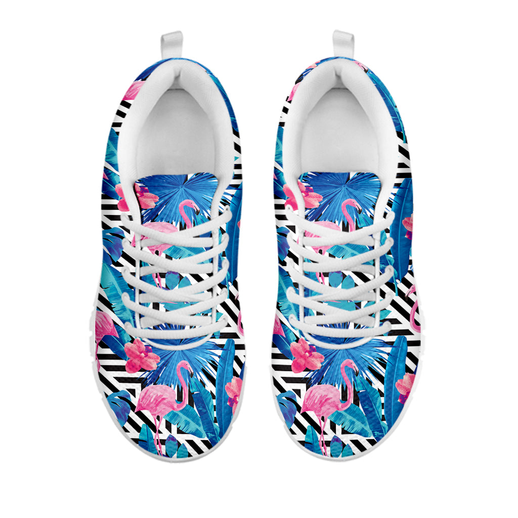 Blue Tropical And Pink Flamingo Print White Sneakers