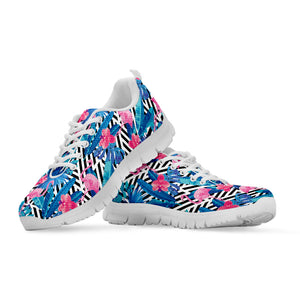 Blue Tropical And Pink Flamingo Print White Sneakers