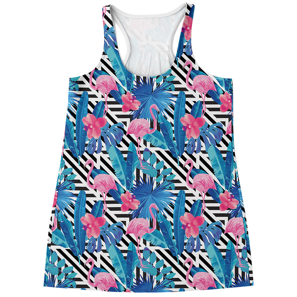 Blue Tropical And Pink Flamingo Print Women's Racerback Tank Top