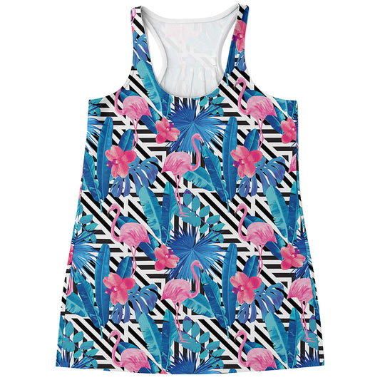 Blue Tropical And Pink Flamingo Print Women's Racerback Tank Top
