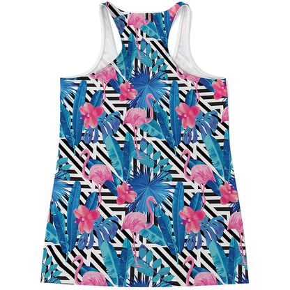 Blue Tropical And Pink Flamingo Print Women's Racerback Tank Top