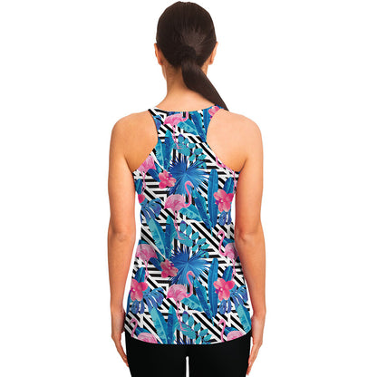 Blue Tropical And Pink Flamingo Print Women's Racerback Tank Top