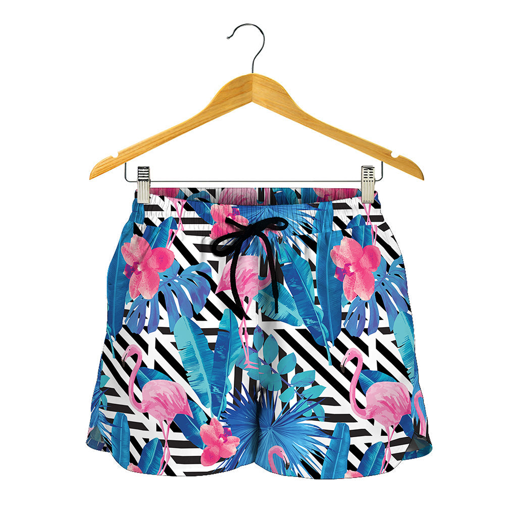 Blue Tropical And Pink Flamingo Print Women's Shorts