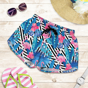 Blue Tropical And Pink Flamingo Print Women's Shorts