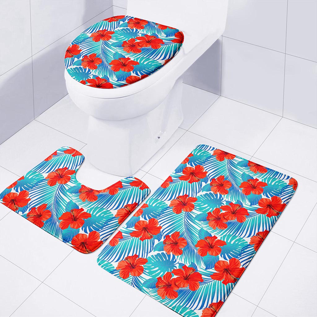 Blue Tropical Hibiscus Pattern Print 3 Piece Bath Mat Set