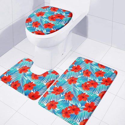 Blue Tropical Hibiscus Pattern Print 3 Piece Bath Mat Set