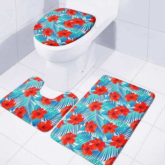 Blue Tropical Hibiscus Pattern Print 3 Piece Bath Mat Set