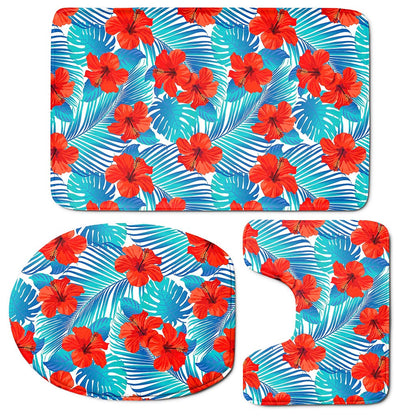 Blue Tropical Hibiscus Pattern Print 3 Piece Bath Mat Set