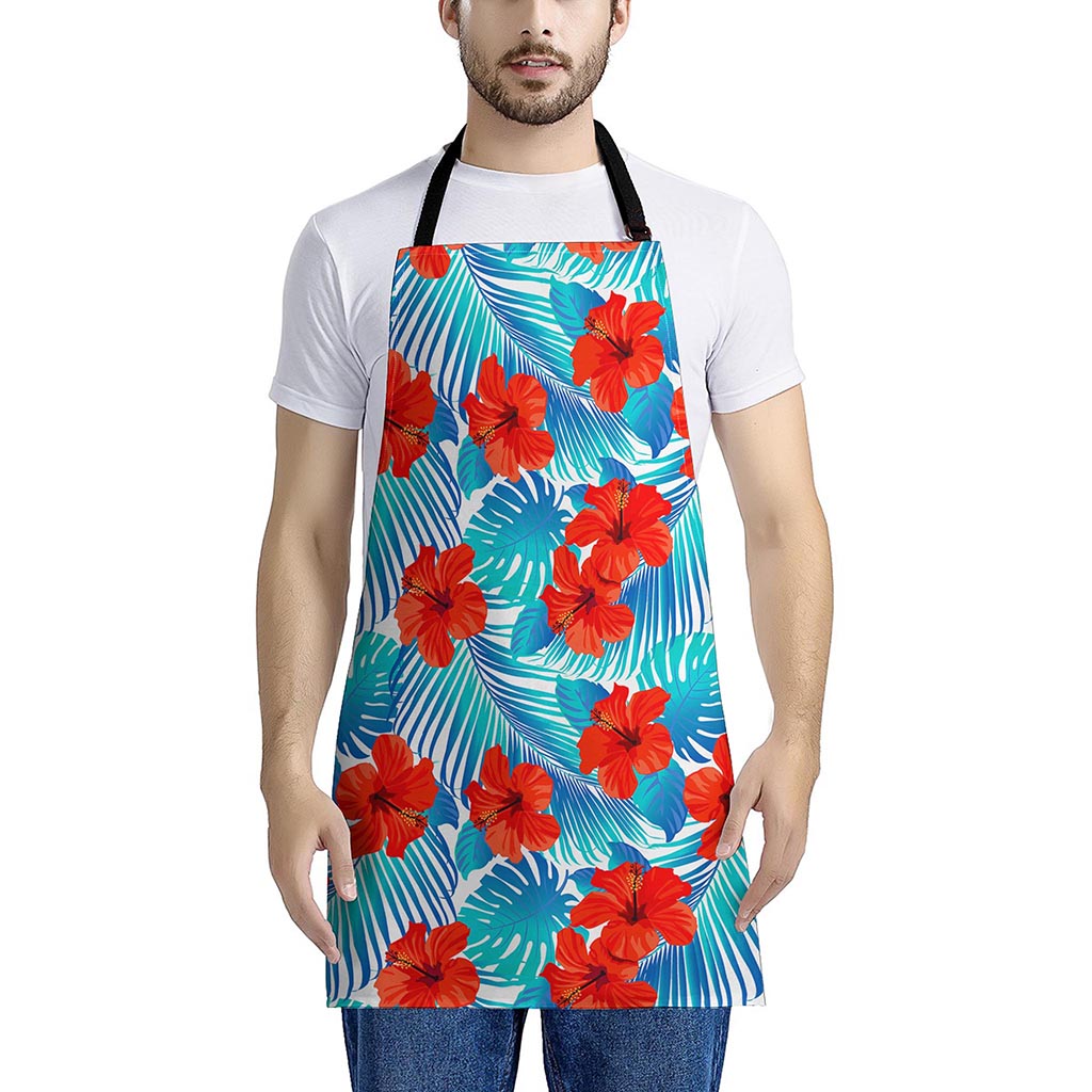 Blue Tropical Hibiscus Pattern Print Apron