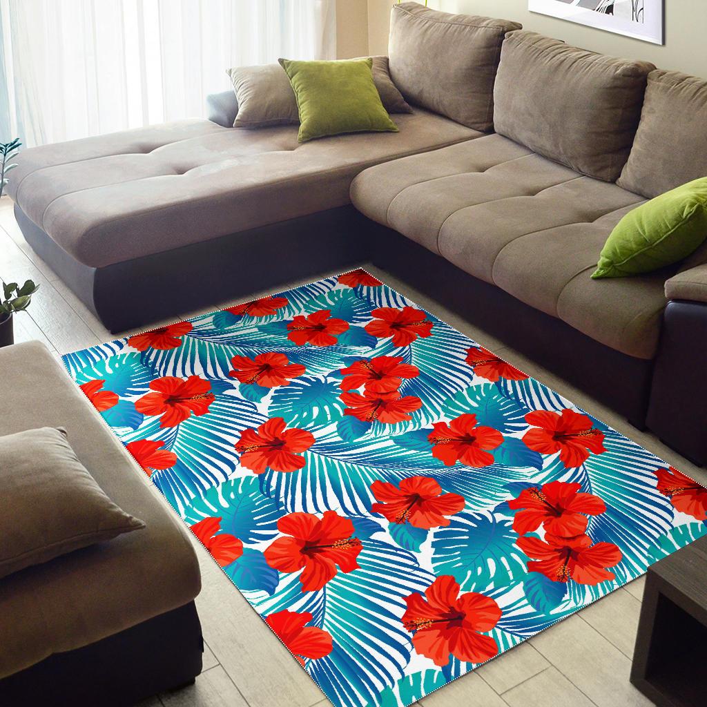 Blue Tropical Hibiscus Pattern Print Area Rug GearFrost