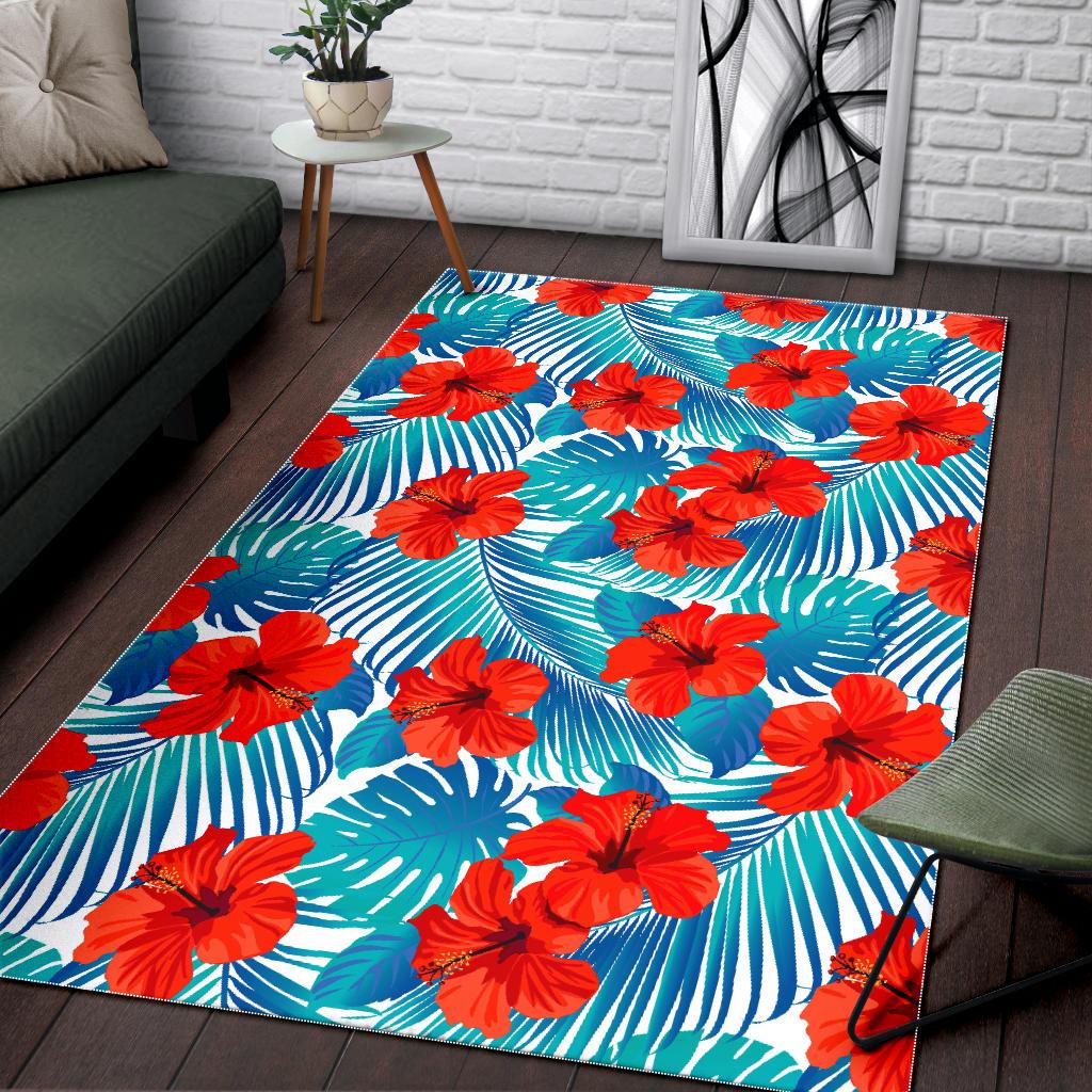 Blue Tropical Hibiscus Pattern Print Area Rug GearFrost