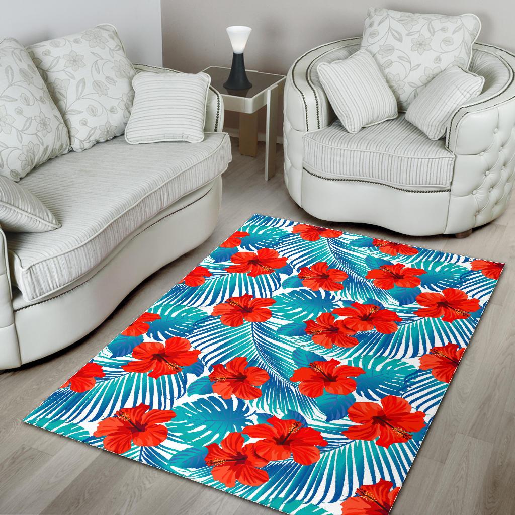 Blue Tropical Hibiscus Pattern Print Area Rug GearFrost