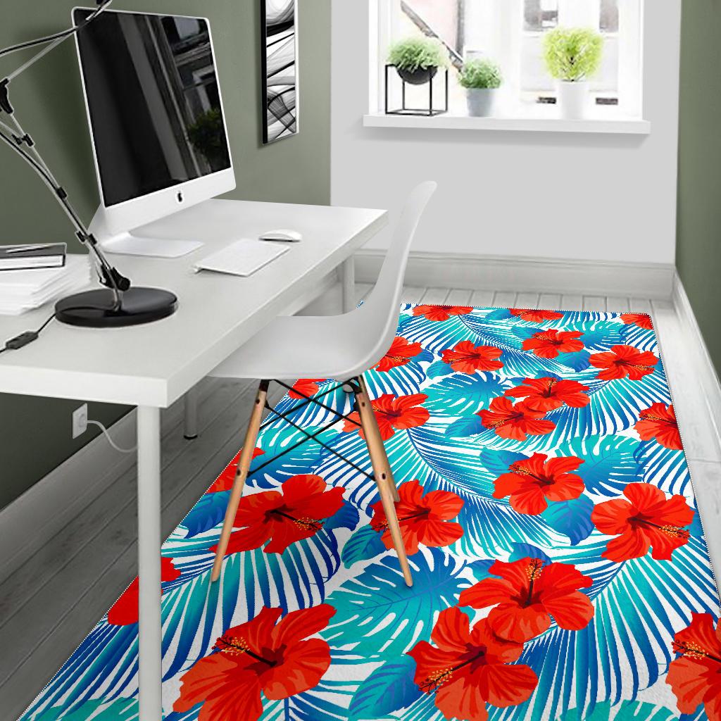 Blue Tropical Hibiscus Pattern Print Area Rug GearFrost