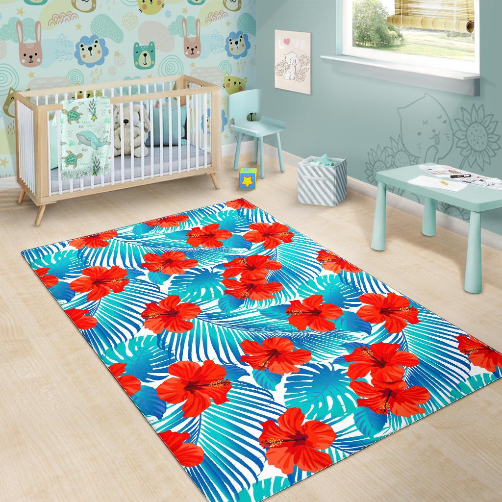 Blue Tropical Hibiscus Pattern Print Area Rug GearFrost