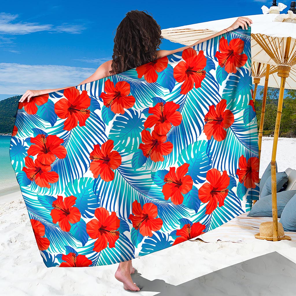 Blue Tropical Hibiscus Pattern Print Beach Sarong Wrap