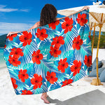 Blue Tropical Hibiscus Pattern Print Beach Sarong Wrap
