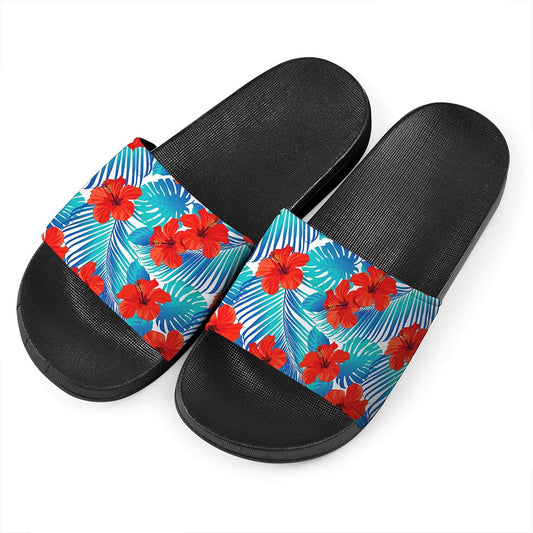 Blue Tropical Hibiscus Pattern Print Black Slide Sandals