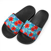 Blue Tropical Hibiscus Pattern Print Black Slide Sandals