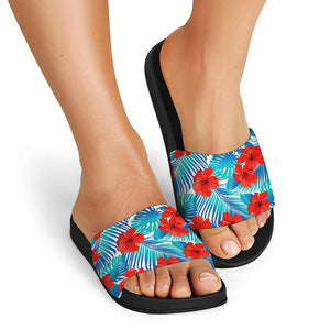 Blue Tropical Hibiscus Pattern Print Black Slide Sandals