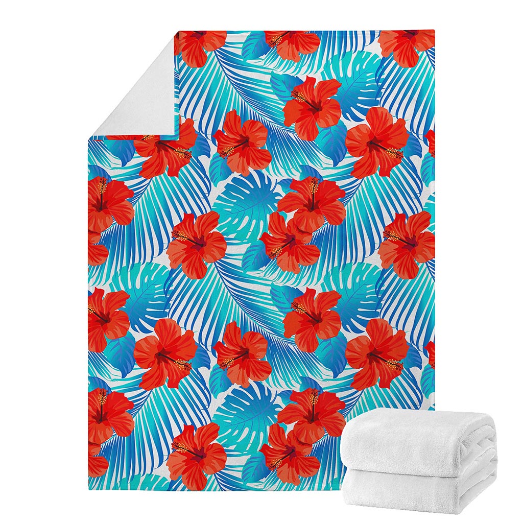 Blue Tropical Hibiscus Pattern Print Blanket