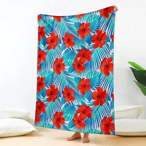 Blue Tropical Hibiscus Pattern Print Blanket