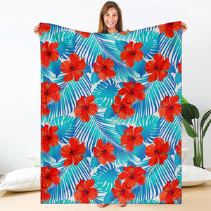 Blue Tropical Hibiscus Pattern Print Blanket