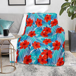 Blue Tropical Hibiscus Pattern Print Blanket