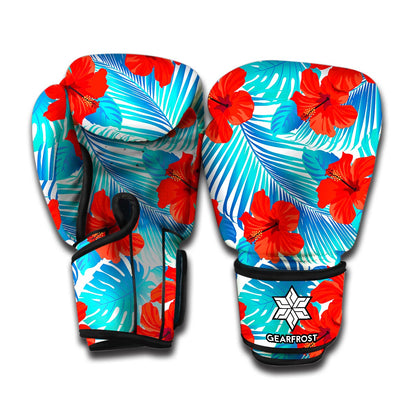Blue Tropical Hibiscus Pattern Print Boxing Gloves