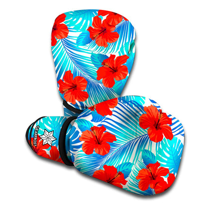 Blue Tropical Hibiscus Pattern Print Boxing Gloves