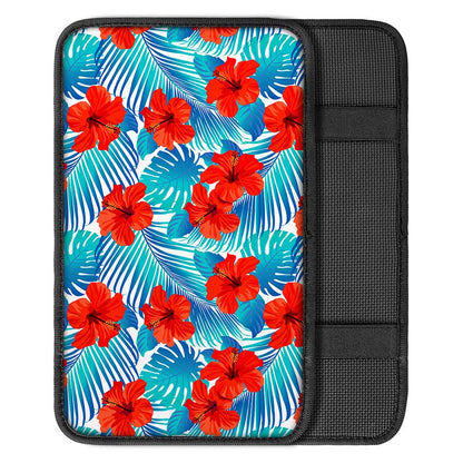 Blue Tropical Hibiscus Pattern Print Car Center Console Cover