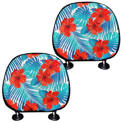 Blue Tropical Hibiscus Pattern Print Car Headrest Covers