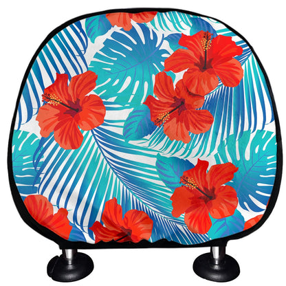 Blue Tropical Hibiscus Pattern Print Car Headrest Covers