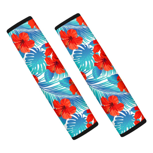 Blue Tropical Hibiscus Pattern Print Car Seat Belt Covers