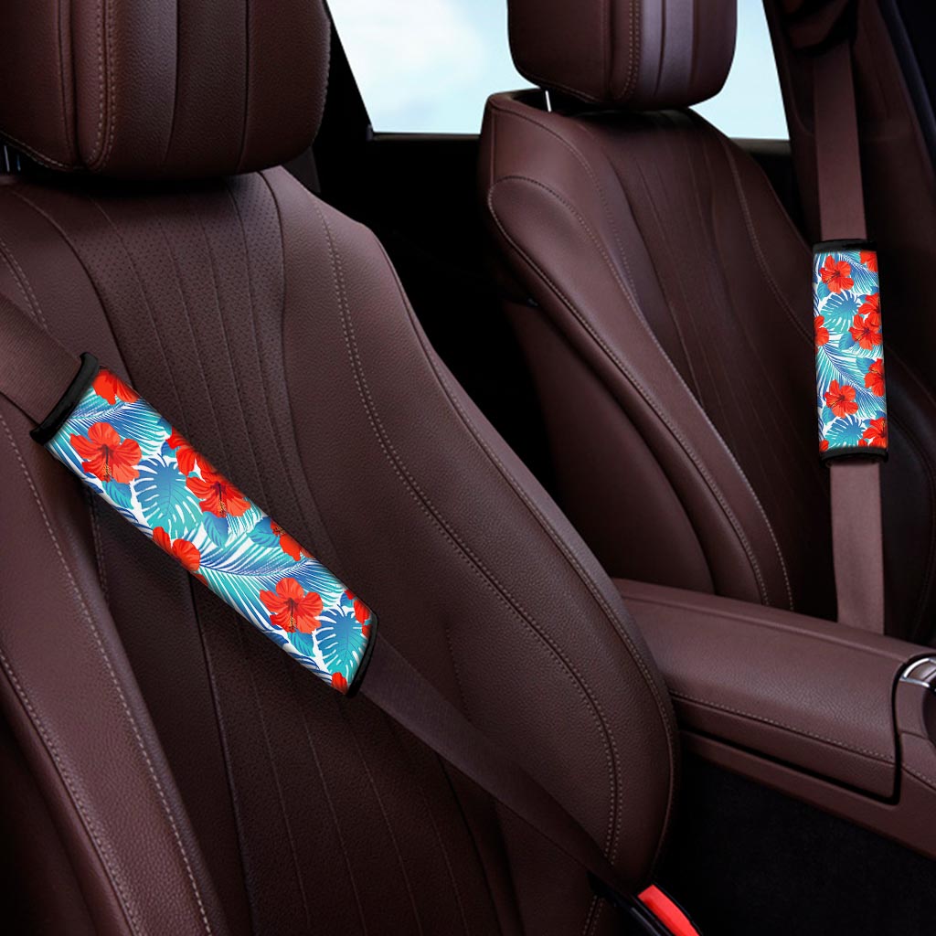 Blue Tropical Hibiscus Pattern Print Car Seat Belt Covers