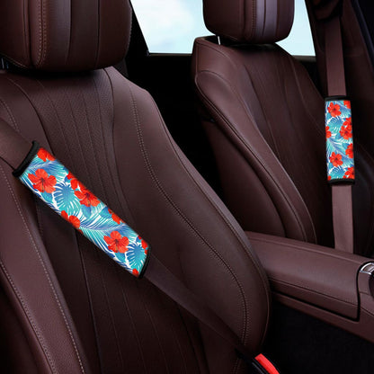 Blue Tropical Hibiscus Pattern Print Car Seat Belt Covers
