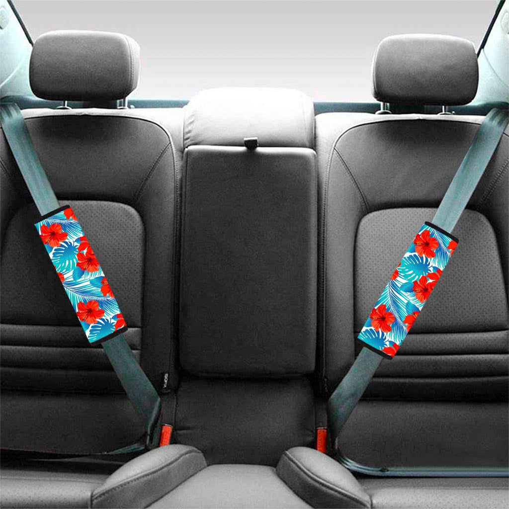 Blue Tropical Hibiscus Pattern Print Car Seat Belt Covers