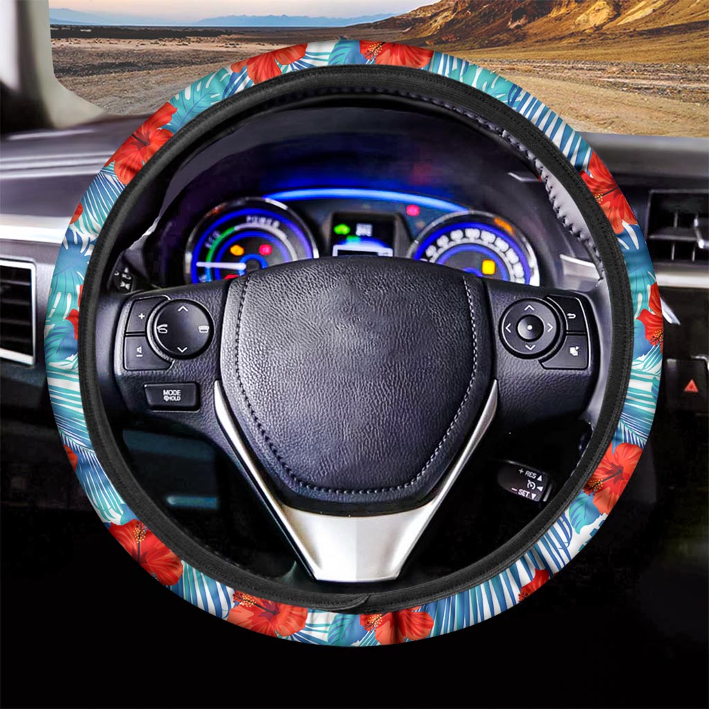 Blue Tropical Hibiscus Pattern Print Car Steering Wheel Cover
