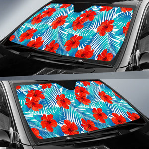 Blue Tropical Hibiscus Pattern Print Car Sun Shade GearFrost