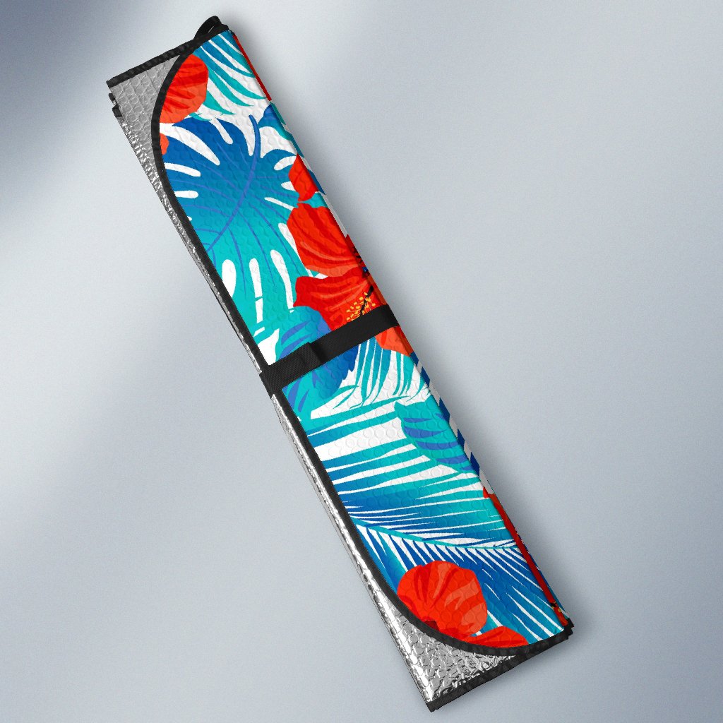 Blue Tropical Hibiscus Pattern Print Car Sun Shade GearFrost